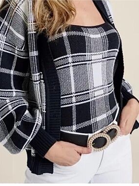 VENUS Black & White Plaid V-Neck Cardigan